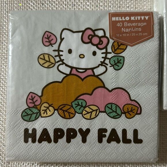 HELLO KITTY Ivory Pink White Orange Brown Happy Fall Square Beverage Napkins - Picture 2 of 8
